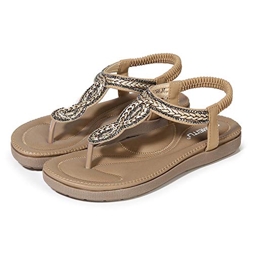 Meeshine Womens Summer Beach Flat Sandals Rhinestone Shiny Beads Slip On Flip Flops Thong Shoes(9 B(M) US,Beige 07)