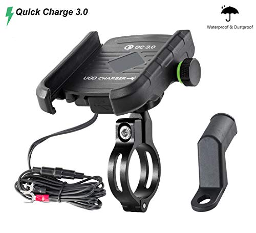 Waterproof Motorcycle Phone Mount with QC 3.0 USB Charger Socket Motorcycle Handlebar Charger Compatible with Samsung iPhone Phones