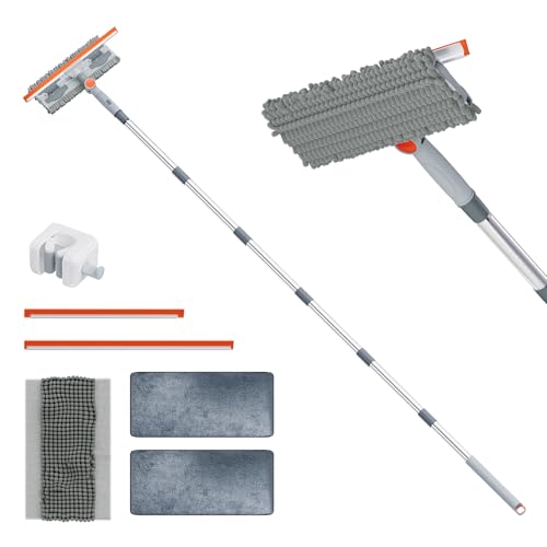 6.4FT Professional Extendable Window Squeegee and Scrubber | 180° Adjustable Head, Window Squeegee for High Windows, Glass, Shower, and Car Windshield Cleaning (Grey/Orange/Chrome)