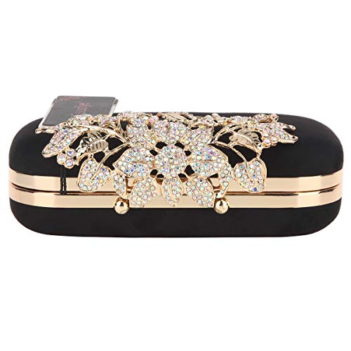 Fawziya Flower Purse With Rhinestones Velvet Clutch Evening Bags-Black - Thumbnail 6
