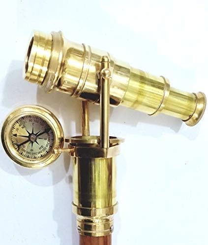 Brass Walking Stick Style Telescope & Compass Stick Wooden Canes Strong Cosplay or Reenactments, Nautical or Pirate Events.
