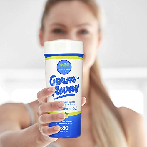 Germ-Away Antibacterial Wipes for Hands and Face, Kills 99.9% Germs on Skin, 80 Wipe Canister Fits in Cup-Holder, (4 Canisters, 320 wipes)