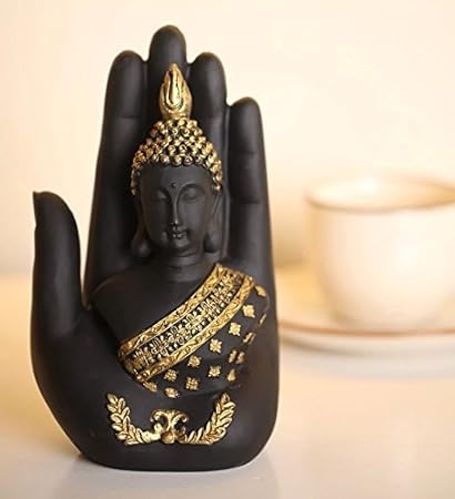 Handicraft Hub India Black And Gold Decorative Fang Shui Polyresin Palm Buddha For Gifting Purpose