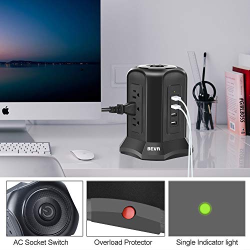 BEVA Power Strip Tower with 9 AC-Outlets and 4 USB Charging Ports Switch Control,Surge Protector Desktop Power Strip Charging Station 6 ft Extension Cable for Office and Home Black - Thumbnail 3