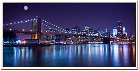 Sea Charm - Brooklyn Bridge Canvas Wall Art Large Size Modern New York City Canvas Print Manhattan Skyline Illuminated with Full Moon Giclee Wall Art,White Floater Frame Ready to Hang