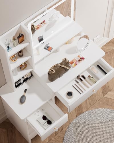 Vanity Desk, Makeup Table with Mirror and Lights, 90cm White Dressing Table, Five Drawers