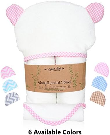 Sweet Child 100% Bamboo Premium Hooded Baby Towel and Washcloth Set for Girl (40"x28", White-Pink Gingham)