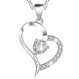 MARENJA-Women's White Gold plated Necklace with Heart Pendant Engraved I Love You Preserved Fresh Rose in Jewelry Box (Jewelry)
