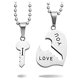 MeMeDIY 2 PCS Stainless Steel Pendant Necklace Heart Key Couple ,come with 2 Chains - Customized Engraving