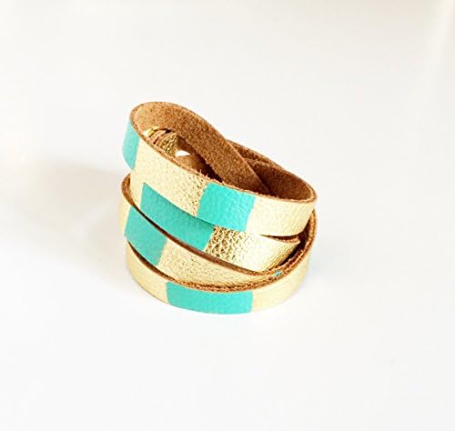 Gold Leather Wrap Bracelet with Color Block Pattern - Stacked Leather Cuff