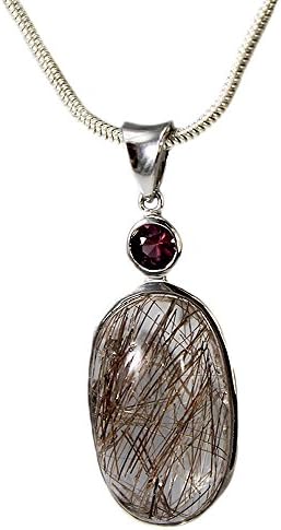 Sterling Silver Rutilated Quartz and Garnet Necklace With Snake Chain