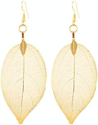 Amazleer Fashion Bohemian Long Earrings Unique Natural Real Leaf Big Earrings for Women Jewelry (Gold)