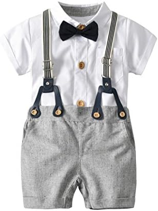 Baby Boys Outfits Gentleman Bowtie Short Sleeve Shirt+Suspenders Shorts Clothes Set
