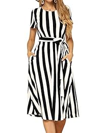 Vestido midi suelto de manga corta con raya elástica de manga corta de verano de Aamikast para mujer