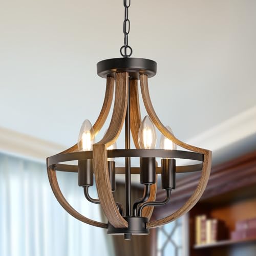 SEEBLEN Farmhouse Chandelier,Vintage 4-Light Hanging Pendant Light Height Adjustable,Rustic Metal Ceiling Light in Faux Wood Grain Color for Dining Room Kitchen Foyer Hallway Entryway Bedroom Closet.