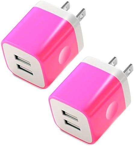 Certified USB Wall Charger 2.1AMP Universal Power Home Travel Wall Charger Dual Port Plug for iPhone, iPod, iPad, Samsung Note, HTC, LG, Smartphones, Tablets and More Device ( 2 Pack ) (Hot Pink)