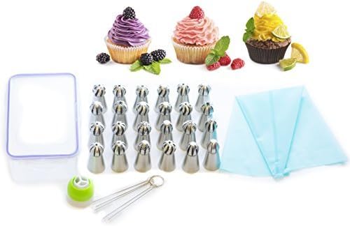 32 Pc Cake Decorating Kit With Stainless Steel Russian Ball Nozzles and Organizer XL Tips Cupcake Decorating Supplies for Kids and Adults by Trendzy Dezigns