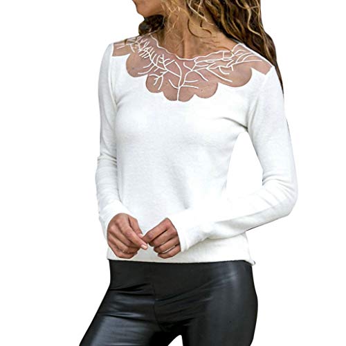 Pumsun Women Lace Patchwork Elastic Pullover Long Sleeve Crop Shirt Tops Blouse