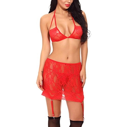 Makaor 3PC Lingerie Women Flower Lace Bra Tights Skirt Bodysuit Underwear Set Sleepwear (Red, Size:2XL)