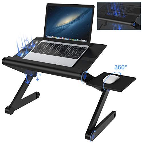 SLYPNOS Adjustable Laptop Stand Folding Portable Standing Desk Ventilated Aluminum Laptop Riser with Front Lip and Detachable Mouse Tray for Desk Bed Couch Floor