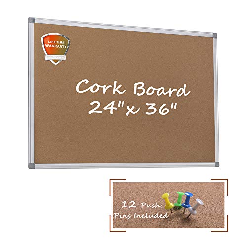 Cork Bulletin Board, 24 x 36 Aluminum Framed Notice Board Wall Mounted with Pins for Home, Office and School