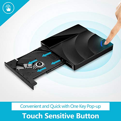 CD/DVD External Drive with USB3.0 and Type-C Interface, TOPELEK CD-ROM/DVD-RM Reader and Writer with Touch Sensitive Button, Streamlined Construction, Compatible for Windows and Mac OS (Black) - Thumbnail 5