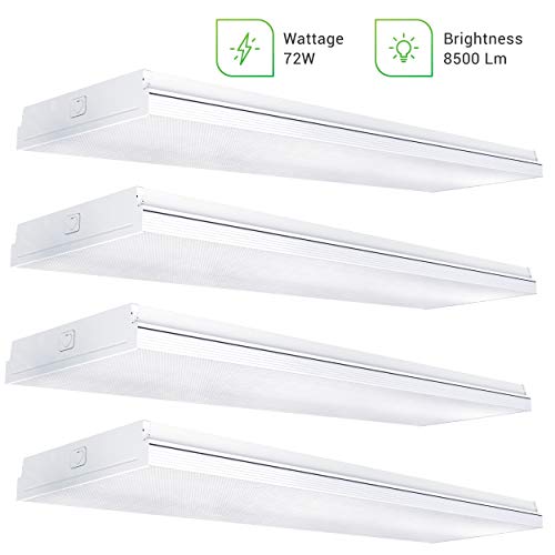 Sunco Lighting 4 Pack Wraparound 11″ Wide LED Shop Light, 4 FT, Linkable, 72W, 8500 LM, 5000K Daylight, Integrated, Prismatic Lens, Direct Wire, Flush Mount Fixture, Garage – ETL