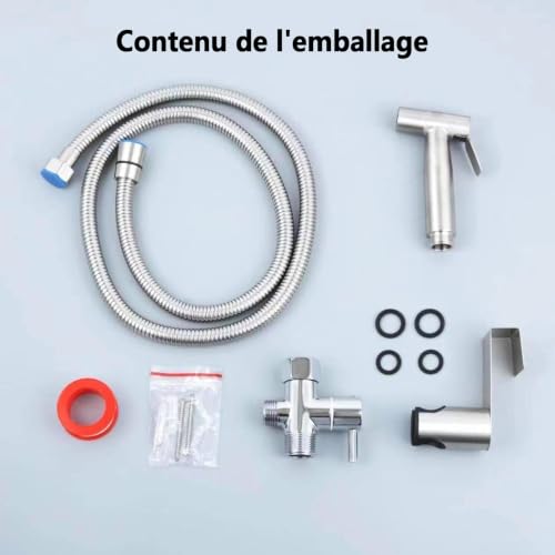 TEKXDD Kit Douchette WC, Douchette WC avec Tuyau 1,5 Mètre & Vanne 3 Voies (1/2"-3/8"), Salle de Bain, Hygiène Personnelle, Nettoyage des Couches, Facile à Installer, Argent