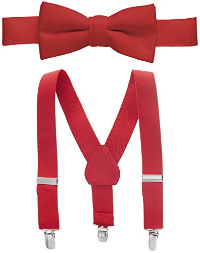 Hold'Em Suspender and Bow Tie Set for Kids, Boys, and Baby - Proudly Made in USA - Extra Sturdy Polished Silver Metal Clips, Pre tied Bow Tie, 1' Inch Suspender Perfect for Tuxedo-Red 26"