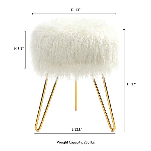 C Comfortland White Faux Fur Vanity Stool, Furry Round Ottoman Chair