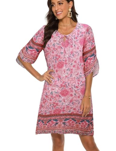 BDTECAOR Women's Vintage Ethnic Style Floral Pattern Bohemian Tunic Dress V-Neck 3/4 Sleeve Beach Dresses Summer Dresses