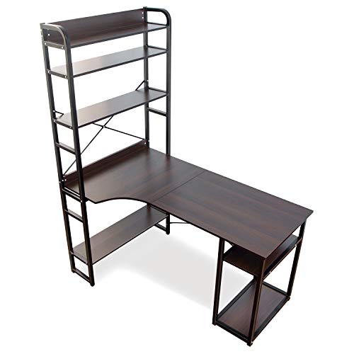 Rhomtree Computer Desk with 4 Tier Storage Shelves Large L-Shaped Home Office Desk PC Laptop Writing Table Workstation with Hutch Bookshelf (Brown)