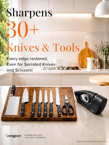 longzon Knife Sharpener 6-in-1 Manual Sharpening Tool with Cut-Resistant Glove, for Kitchen Knives, Serrated Knives, Scissors, and Pocket Knives – Safe and Easy to Use