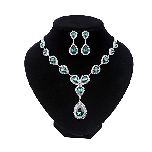 Paxuan Womens Silver Plated Teardrop Green Crystal Wedding Bridal Jewelry Set Teardrop Pendant Necklace Drop Dangle Earrings Set