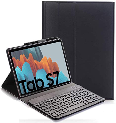RLTech Keyboard Case for Samsung Galaxy Tab S7 - (QWERTY Layout), Ultra Slim Flip with Removable Wireless Keyboard Stand Case Cover for Samsung Galaxy Tab S7 11" T870/875 2020, Black