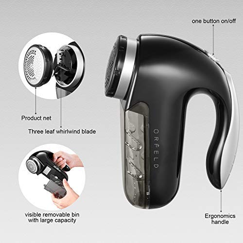 Orfeld Fabric Shaver, Lint Remover with Two Replaceable Blades & Removable bin, Best Lint Shaver for Cloths, Fabrics and Furniture, use with Batteries or Power Adapter (M, Black)