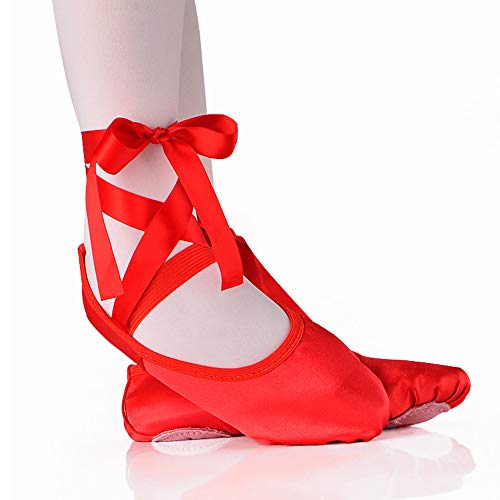 Chimei Ballet Dance Shoes for Goddler Girls Kids Women Pink Red Slipper Satin Flat Physical Shoe - Thumbnail 7