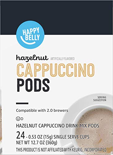 HAPPY BELLY LIGHT ROAST CAPPUCCINO COFFEE PODS, HAZELNUT FLAVORED, COMPATIBLE WITH K-CUP BREWERS, 24 COUNT