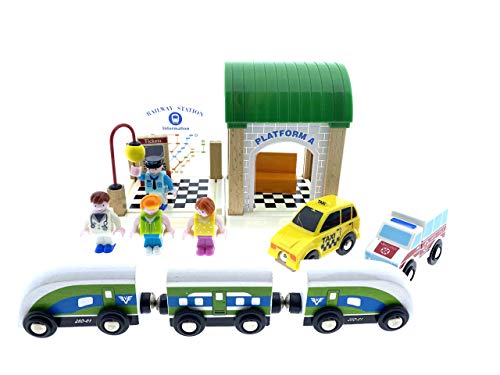 Holzeisenbahn Holzbahn / Zug mit Schienen / Train Station Holzautobahn 110 Teile – Bild 6