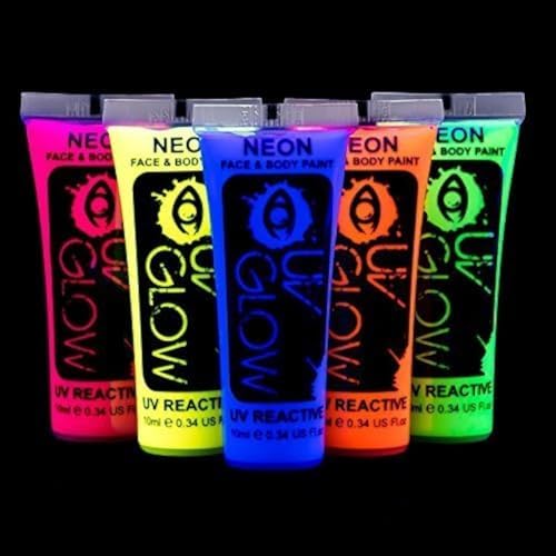 Body and Face Paint 10ml UV Glow Neon Fluorescent Incandescent (10ml x5 ...