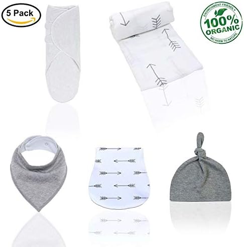 Quality Set 5-Pack Adjustable Infant Wrap Sleeping Bag Muslin Newborn Baby Swaddle Receiving Blanket 100% Cotton with Hat & Bandana Drool Bib for Drooling and Teething & Burp Cloth Kiddytopia (Gray)