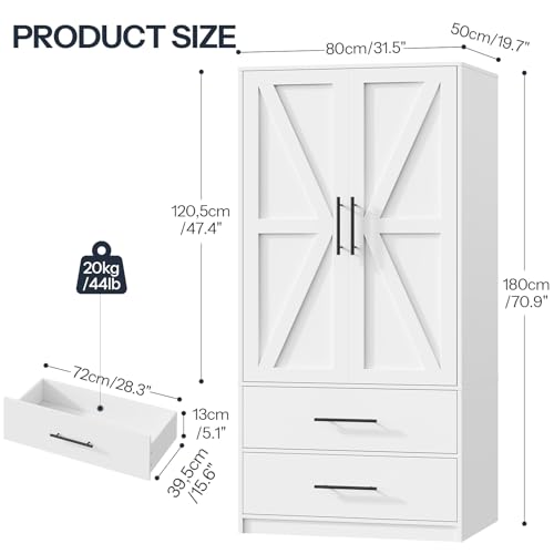 HOOBRO Armoire Wardrobe Closet with 2 Drawers, 180 cm Tall Wardrobe Cabinet with Hanging Rod, 2 Doors Bedroom Armoires, Farmhouse Clothing Storage Cabinet, Wooden Wardrobe for Bedroom, White WT180CW01