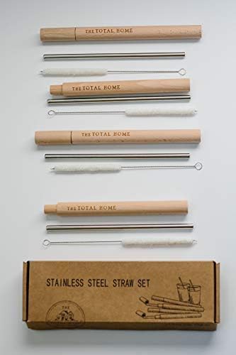 Metal Straw Set, The Total Home, Stainless Steel Reusable Straws, Includes 4 Straws Handcrafted Wooden Travel Cases, 4 Cleaning Brushes, Eco Straw, Reusable Straw, Cleaning Brush,