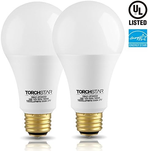 TORCHSTAR 3-Way LED Bulb A21, 3 Way LED Light Bulbs 40/60/100W Equivalent, UL & ES Listed, Flicker Free Bulb for Floor, Table, Touch Lamp, E26 Standard Base, Non-dimmable, 5000K Daylight, Pack of 2