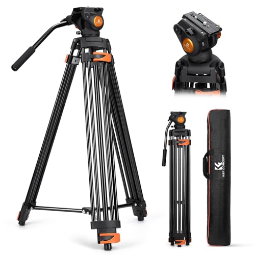K&F CONCEPT 80"/202cm Video Tripod with Fluid Head, Aluminium Alloy Heavy Duty Camera Tripod with QR Plate, Compatible with Canon/Nikon/Sony Camera, Camcorder, Load Capacity 8kg