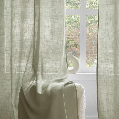 Woaboy Linen Curtains Translucent Net Curtains with Eyelets Modern Decorative for Living Room Window Bedroom 2 Pieces 140 x 245 cm Green Grey
