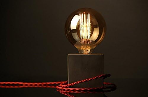 Concrete Lamp "The Cube" Dark grey concrete table lamp with red textile cable and extra large Edison bulb