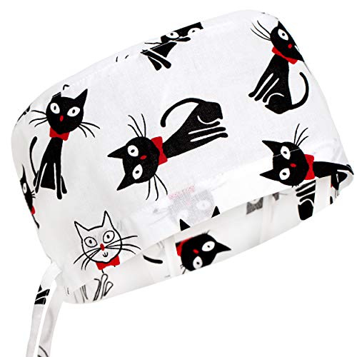 Scrub Cap Uniform Hat Medical Doctor Nurse Surgical Unisex Animal Print (Bow White Cat)