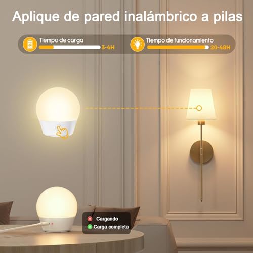 2 PCS lámparas de pared recargables, bombillas regulables desmontables y control remoto, 15 colores Aplique de pared inalámbricas para dormitorio Salón Pasillo (oro)
