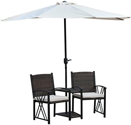 Outsunny Garden Patio Outdoor Rattan 2 Seater Companion Seat Wicker Love Seat Weave Partner Bench W Sun Umbrella Parasol Drink Tray Brown Amazon Co Uk Garden Outdoors